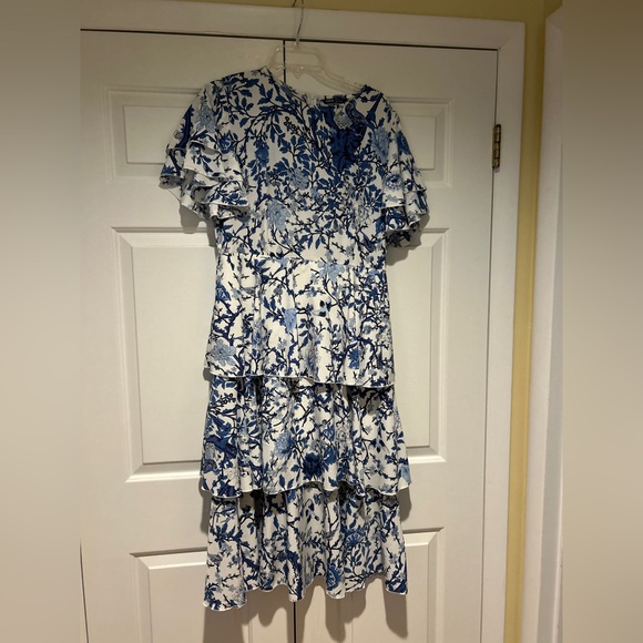 Blue and White Midi Dress with Short Ruffle Sleeves - Picture 1 of 2